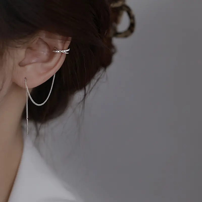 Korean Silver Color Cross Clip Earrings Chain Tassel Line for Women Two-Wear Fashion Geometric Creative Design Jewelry Gift
