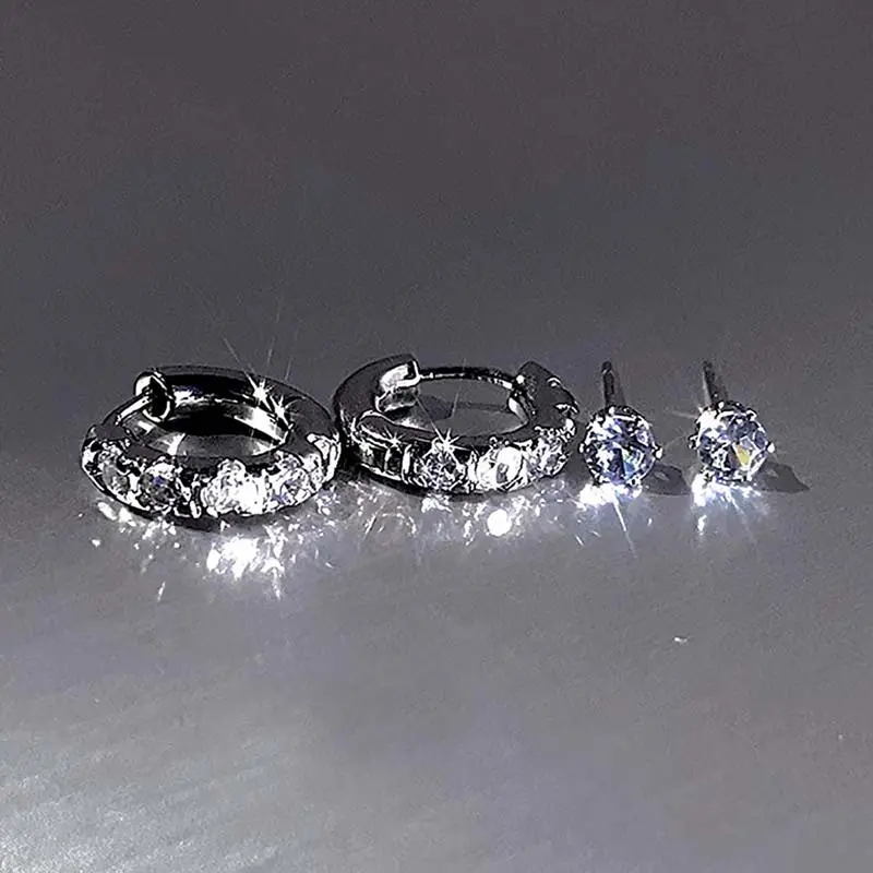 4Pcs/Set Silver Color Zircon Round Hoop Earrings for Women Exquisite Simple Metal Small Circle Huggie Earrings Jewelry Gifts