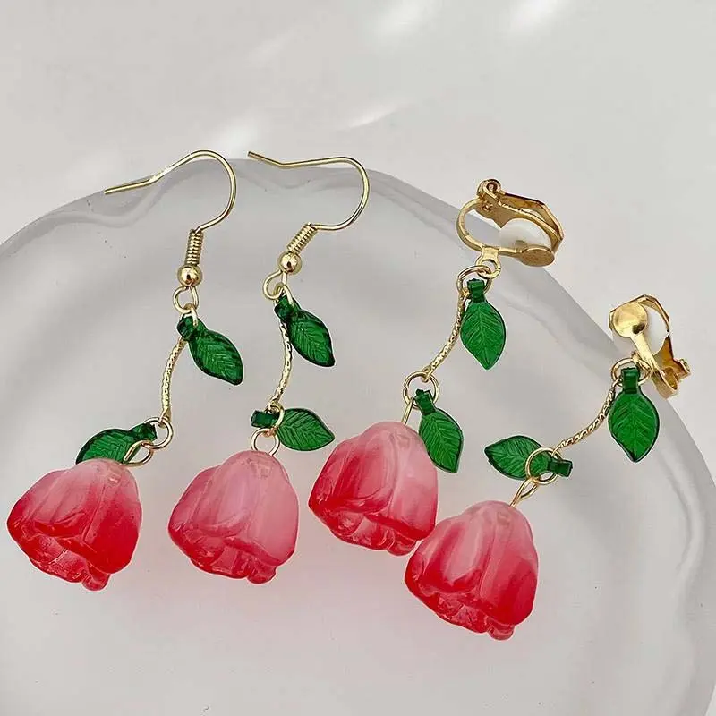2024 Korean Pink Tulip Flower Pendant Earrings for Women Fashion Elegant Temperament Pearl Earrings Jewelry Accessories