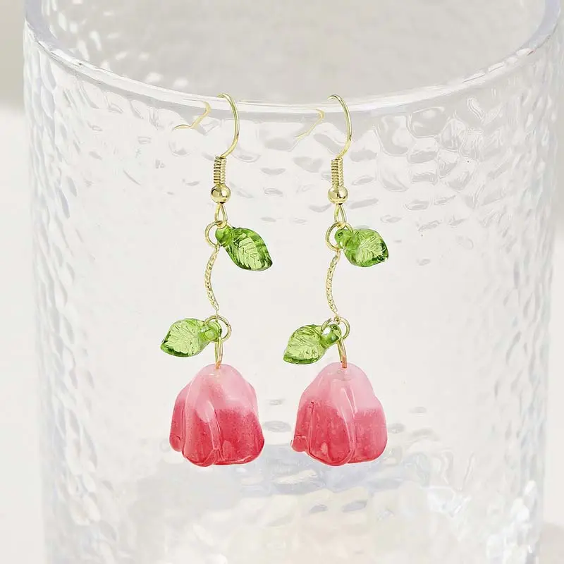 2024 Korean Pink Tulip Flower Pendant Earrings for Women Fashion Elegant Temperament Pearl Earrings Jewelry Accessories