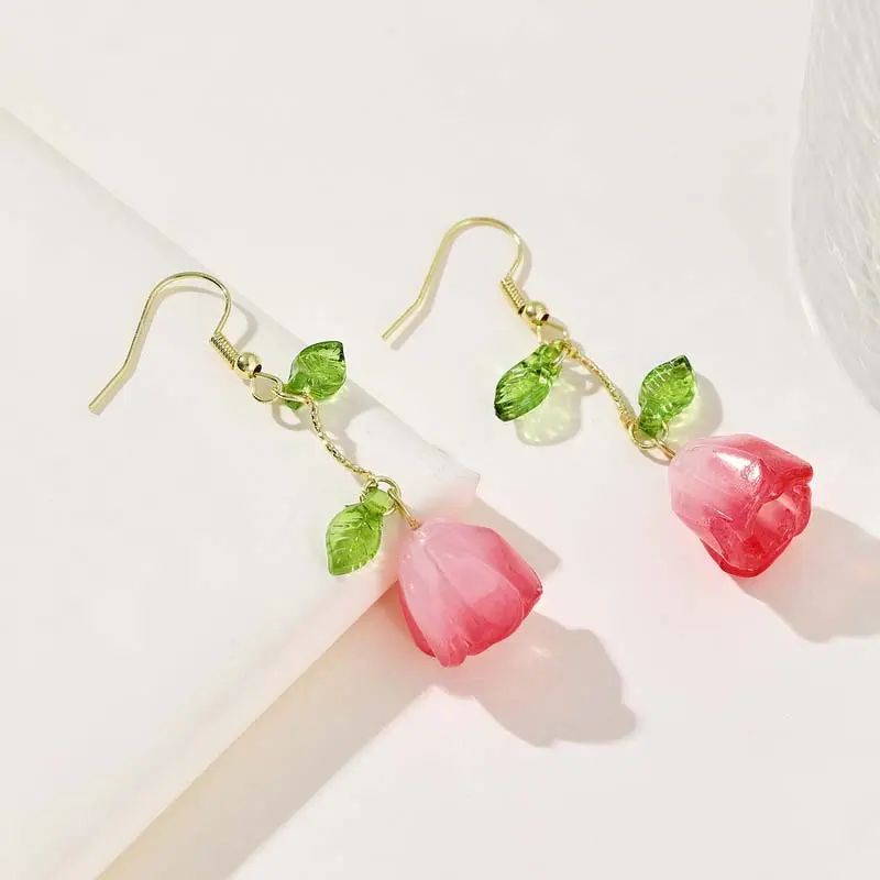 2024 Korean Pink Tulip Flower Pendant Earrings for Women Fashion Elegant Temperament Pearl Earrings Jewelry Accessories