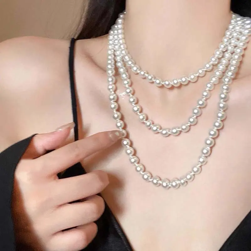 Fashion Imitation Pearl Long Necklaces for Women Exquisite Elegant Multilayer Sweater Chain Necklaces Party Jewelry Accessories