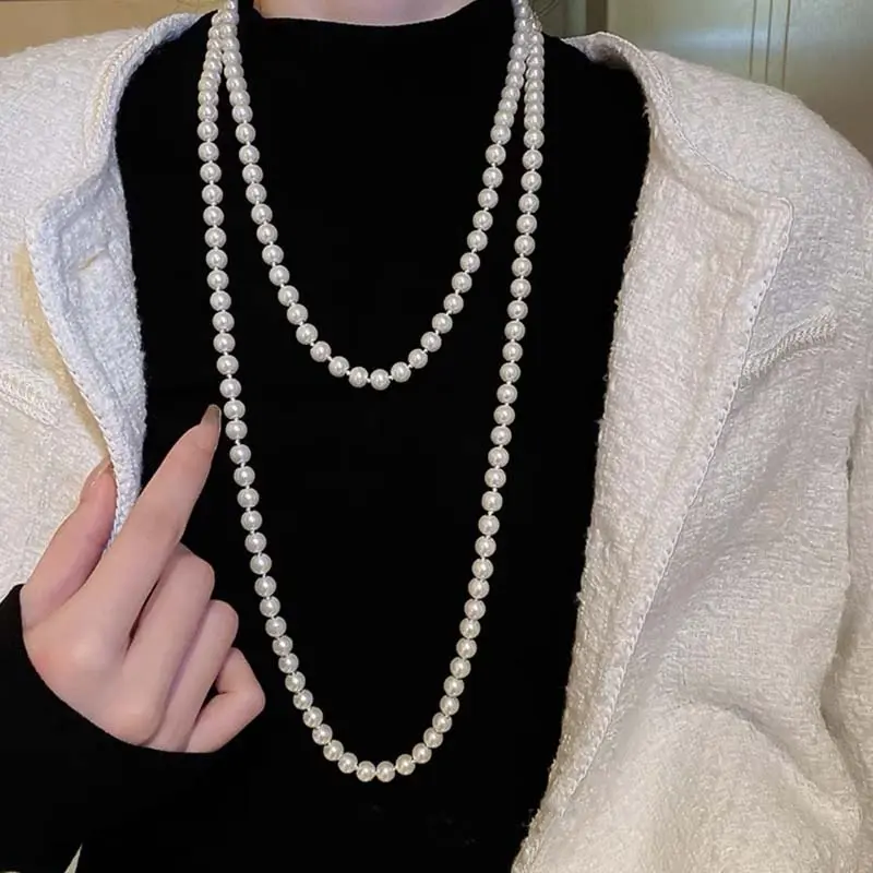 Fashion Imitation Pearl Long Necklaces for Women Exquisite Elegant Multilayer Sweater Chain Necklaces Party Jewelry Accessories