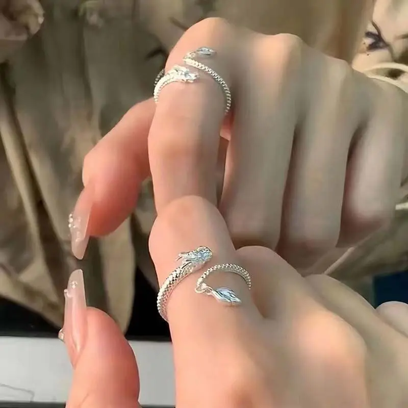New Chinese Style Dragon Shaped Opeen Rings For Women Couple Vintage Silver Color Adjustable Finger Ring Jewelry Gift