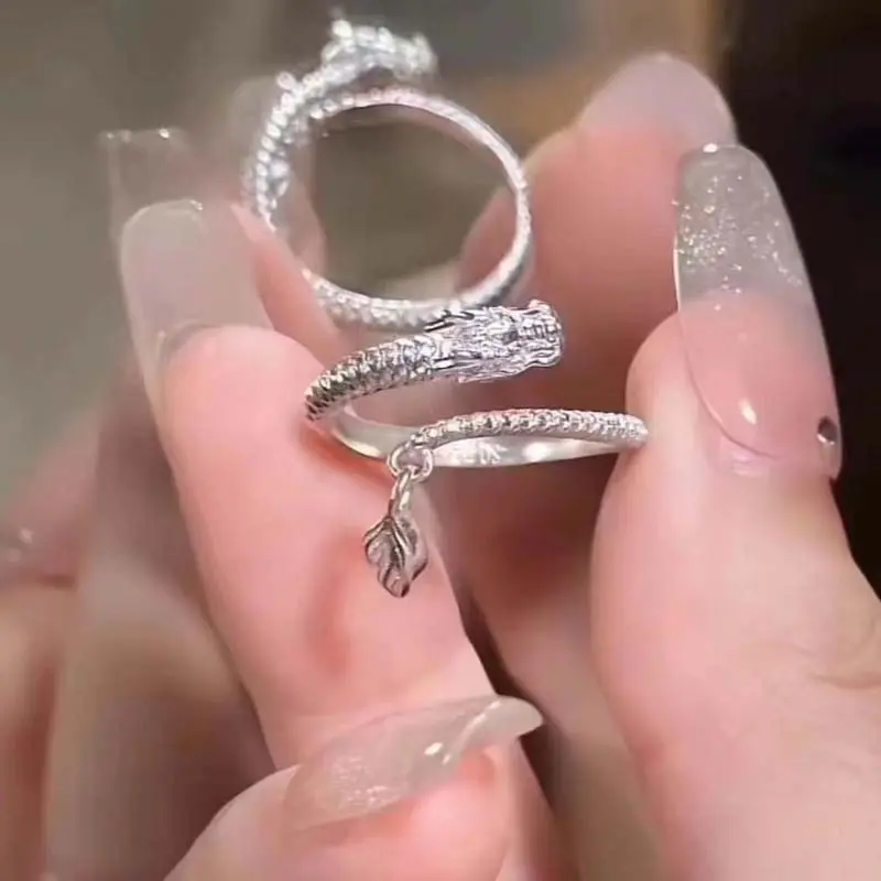 New Chinese Style Dragon Shaped Opeen Rings For Women Couple Vintage Silver Color Adjustable Finger Ring Jewelry Gift