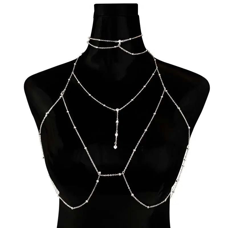 Shiny Rhinestones Tassel Sexy Chest Chain for Women Girls Fashion Metal Bra Cross Bikini Within Hollow Body Chain Jewelry