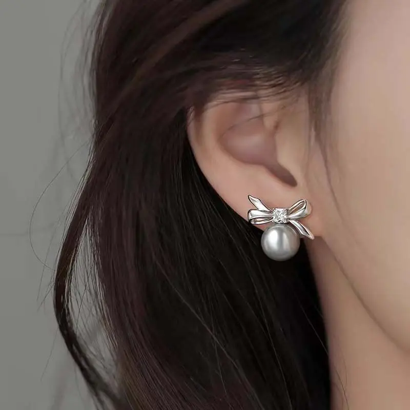 Fashion Silver Color Zircon Pearl Bowknot Stud Earrings for Women Minimalist Cute Pearl Temperament Earring Wedding Jewelry Gift
