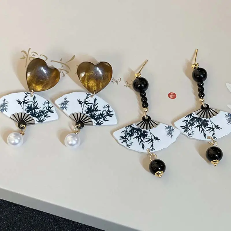 2024 New Chinese Ink Fan Butterfly Pendant Earrings for Women Fashion Creative Long Tassel National Earrings  Jewelry Gift