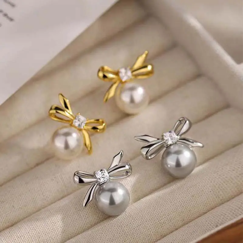 Fashion Silver Color Zircon Pearl Bowknot Stud Earrings for Women Minimalist Cute Pearl Temperament Earring Wedding Jewelry Gift