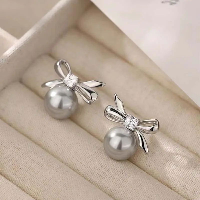 Fashion Silver Color Zircon Pearl Bowknot Stud Earrings for Women Minimalist Cute Pearl Temperament Earring Wedding Jewelry Gift