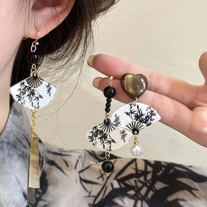 2024 New Chinese Ink Fan Butterfly Pendant Earrings for Women Fashion Creative Long Tassel National Earrings  Jewelry Gift