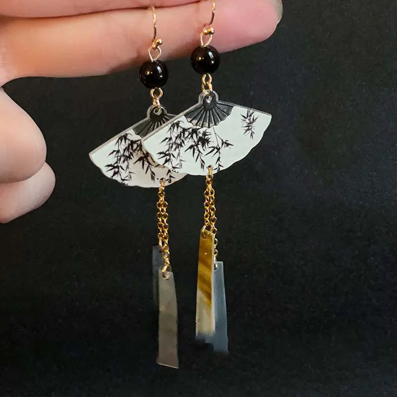 2024 New Chinese Ink Fan Butterfly Pendant Earrings for Women Fashion Creative Long Tassel National Earrings  Jewelry Gift