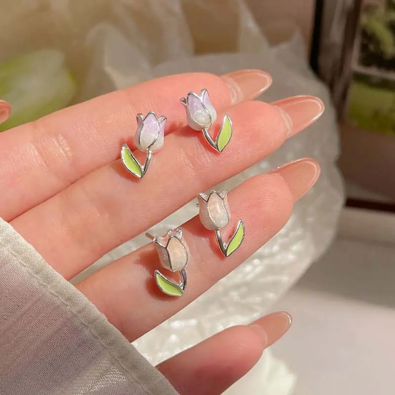 6Pcs/Set Pink Tulip Flower Stud Earrings Set for Women Girls Exquisite Sweet Mini Small Earrings Y2K Jewelry Gifts 2024 Trendy