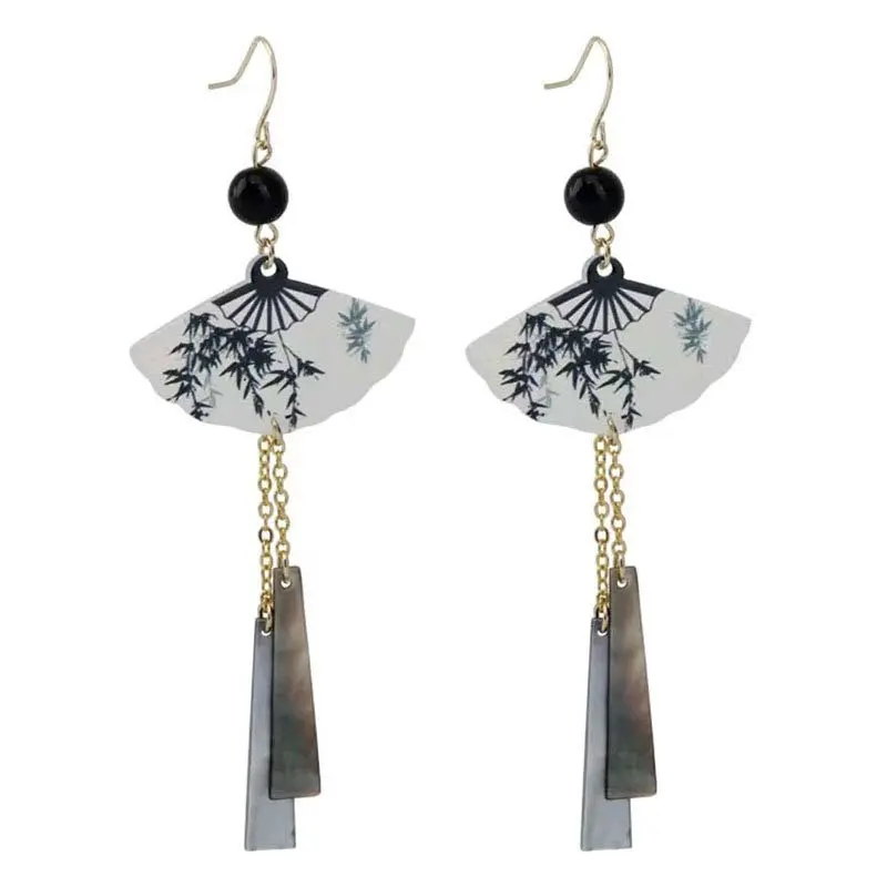 2024 New Chinese Ink Fan Butterfly Pendant Earrings for Women Fashion Creative Long Tassel National Earrings  Jewelry Gift
