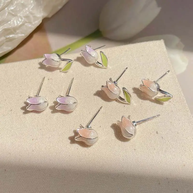 6Pcs/Set Pink Tulip Flower Stud Earrings Set for Women Girls Exquisite Sweet Mini Small Earrings Y2K Jewelry Gifts 2024 Trendy