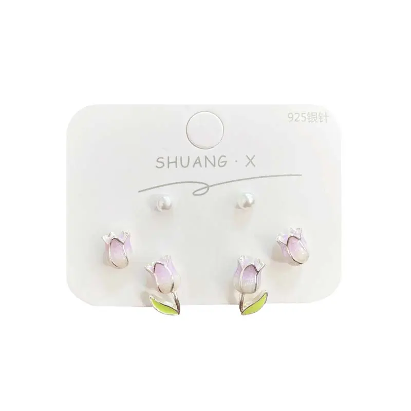 6Pcs/Set Pink Tulip Flower Stud Earrings Set for Women Girls Exquisite Sweet Mini Small Earrings Y2K Jewelry Gifts 2024 Trendy