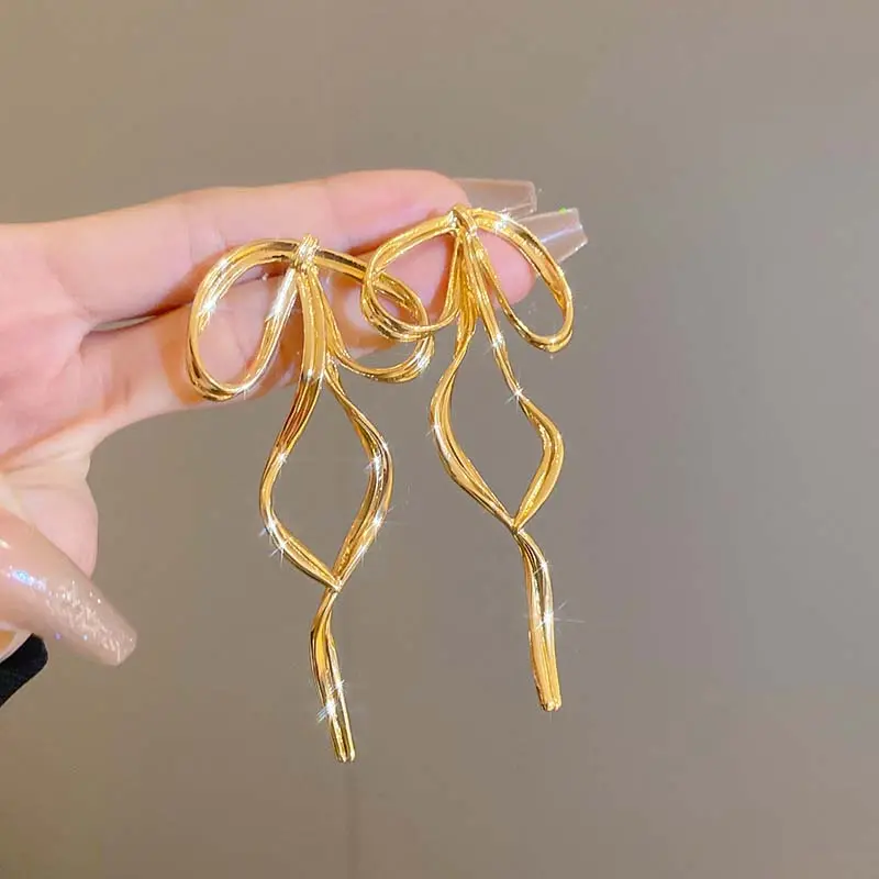 Exaggerated Metal Line Bowknot Drop Earrings For Women Korean Elegant Silver Color Big Long Bow Charm Earrings Jewelry Gifts