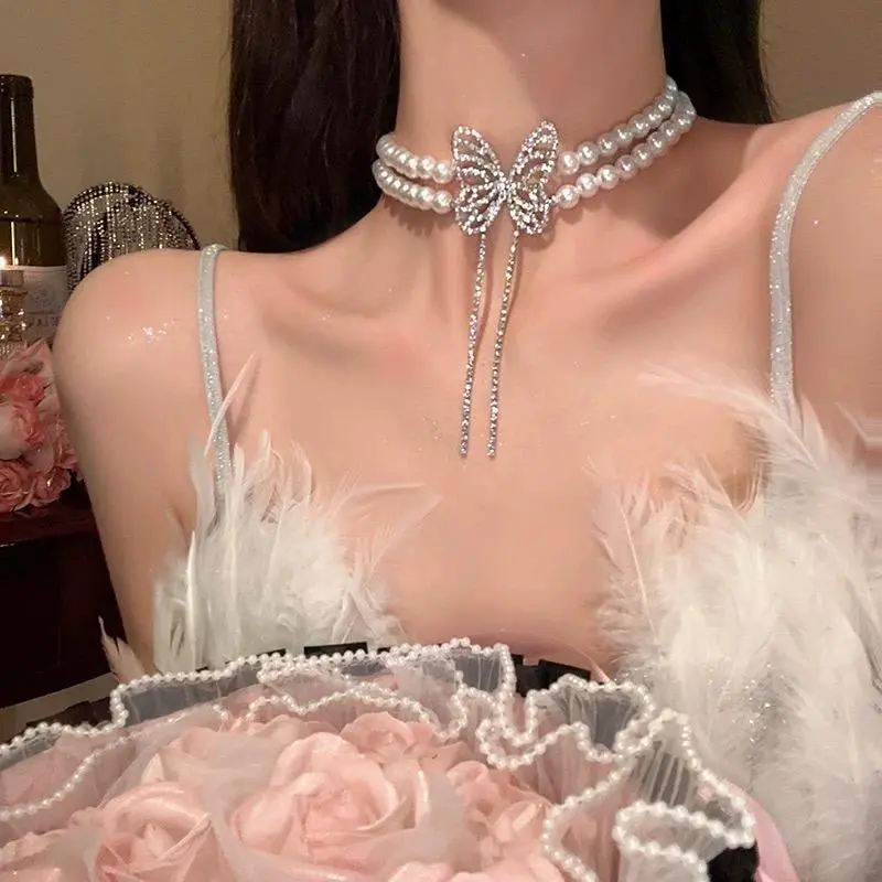 Luxury Shiny Zircon Pearl Butterfly Tassel Necklace for Women Vintage White Double Layered Pearl Choker Necklace Wedding Jewelry
