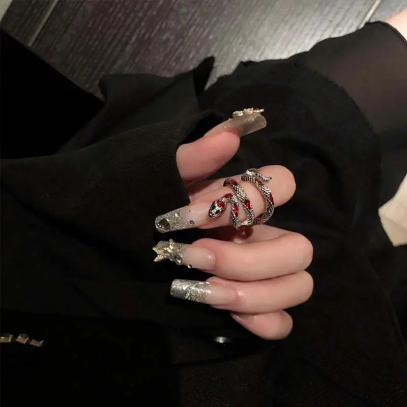 Punk Silver Color Snake Shaped Open Ring For Women Men Vintage Green Enamel Zircon Irregular Adjustable Finger Rings Jewelry