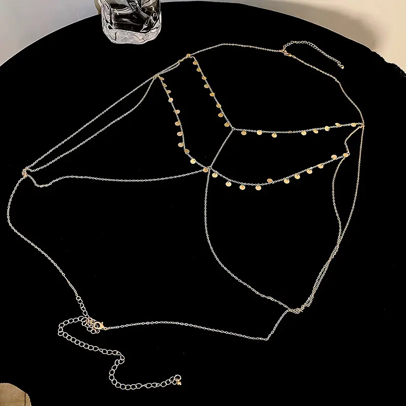 Fashion Metal Sequin Tassel Chest Chain for Women Exaggerated Gold Color Bra Cross Bikini Sexy Within Hollow Body Chain Jewelry
