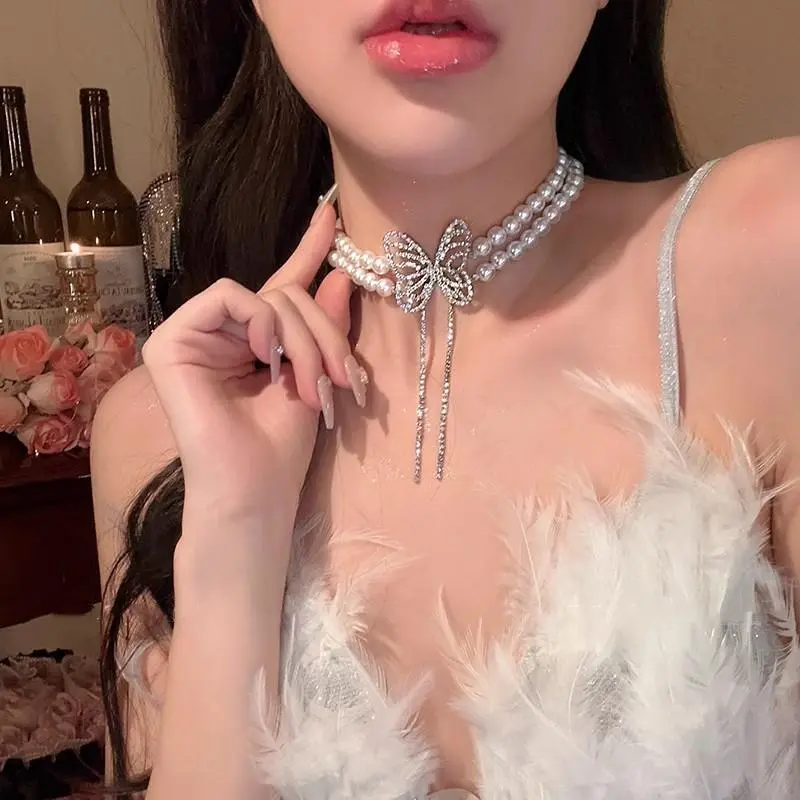 Luxury Shiny Zircon Pearl Butterfly Tassel Necklace for Women Vintage White Double Layered Pearl Choker Necklace Wedding Jewelry