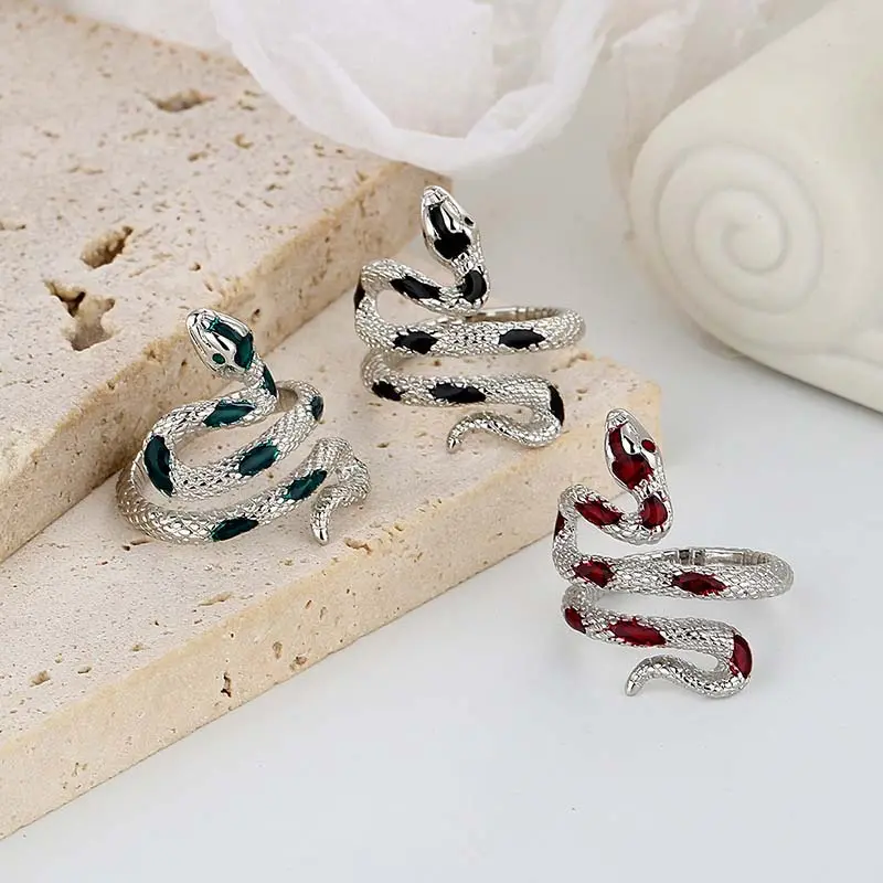Punk Silver Color Snake Shaped Open Ring For Women Men Vintage Green Enamel Zircon Irregular Adjustable Finger Rings Jewelry