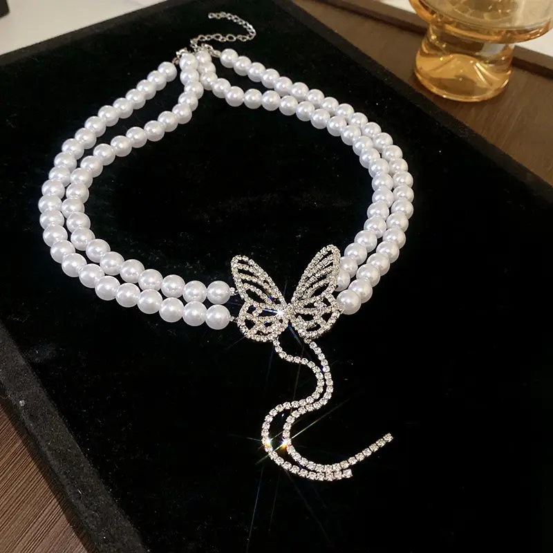 Luxury Shiny Zircon Pearl Butterfly Tassel Necklace for Women Vintage White Double Layered Pearl Choker Necklace Wedding Jewelry