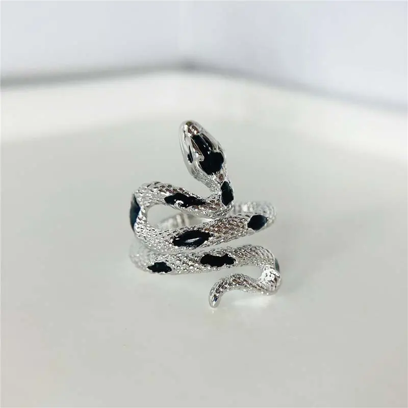Punk Silver Color Snake Shaped Open Ring For Women Men Vintage Green Enamel Zircon Irregular Adjustable Finger Rings Jewelry