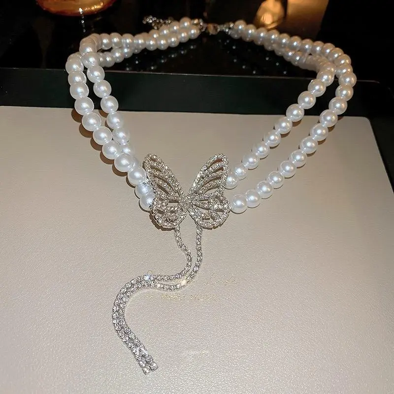 Luxury Shiny Zircon Pearl Butterfly Tassel Necklace for Women Vintage White Double Layered Pearl Choker Necklace Wedding Jewelry