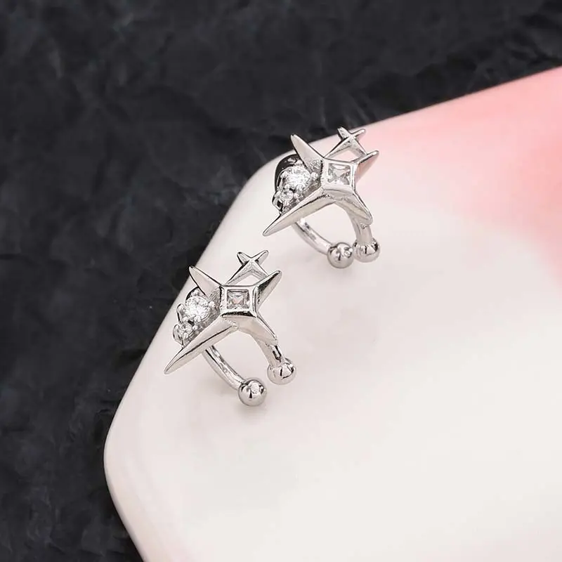 1Pcs Sliver Color Zircon Star Ear Clip Earrings for Women Men Simple C-Shaped Geometric No Piercing Pentagram Ear Cuff Jewelry