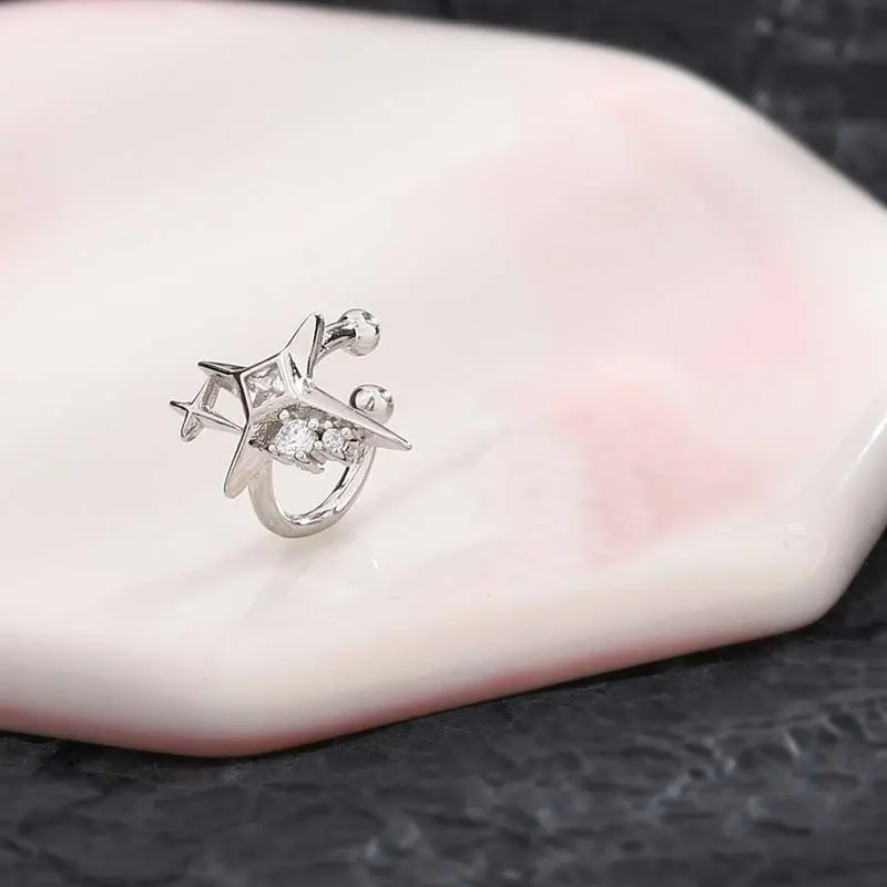1Pcs Sliver Color Zircon Star Ear Clip Earrings for Women Men Simple C-Shaped Geometric No Piercing Pentagram Ear Cuff Jewelry