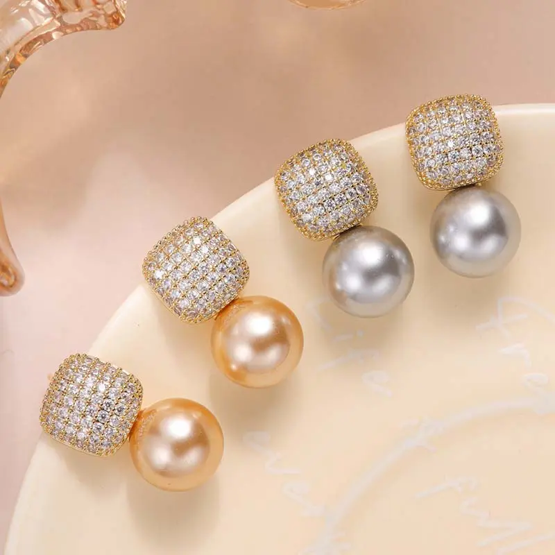 New Fashion Metal Pearl Crystal Drop Earrings for Women Luxury Gold Color Square Zircon Earrings Wedding Party Jewelry Gifts