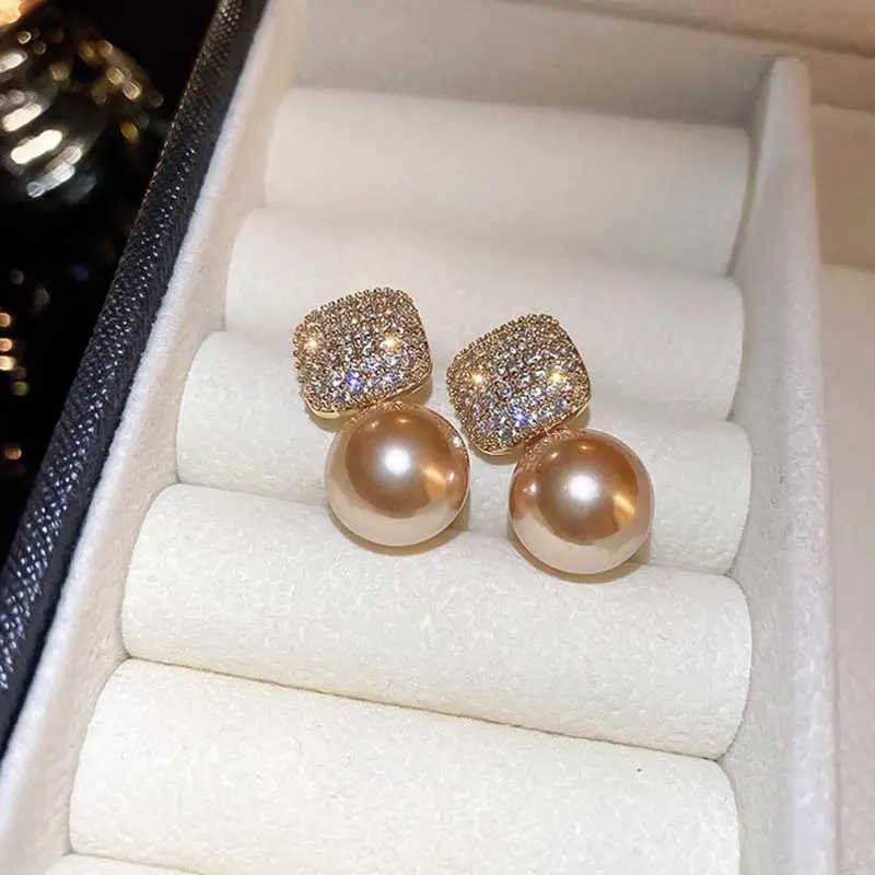 New Fashion Metal Pearl Crystal Drop Earrings for Women Luxury Gold Color Square Zircon Earrings Wedding Party Jewelry Gifts