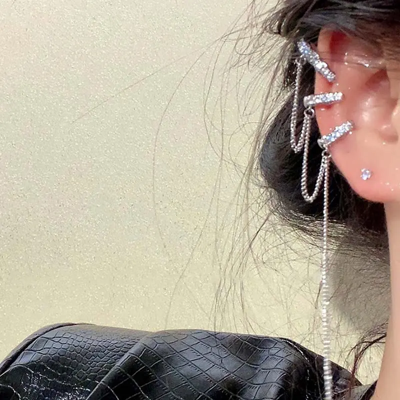 Sparkling Zircon Long Tassel Chain Ear Clip for Women 2025 Trendy Simple No Piercing Fake Cartilage Ear Cuff Party Jewelry Gifts