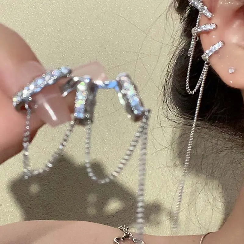 Sparkling Zircon Long Tassel Chain Ear Clip for Women 2025 Trendy Simple No Piercing Fake Cartilage Ear Cuff Party Jewelry Gifts