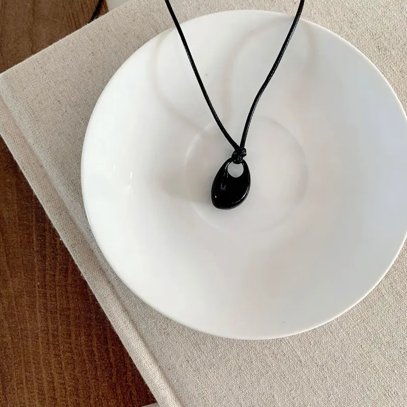 Korean Metal Bean Hollow Pendant Necklace for Women Simple Black Long Leather Rope Clavicle Chain Sweater Chain Jewelry Gift