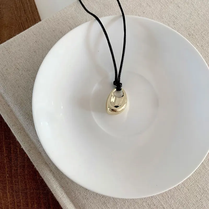 Korean Metal Bean Hollow Pendant Necklace for Women Simple Black Long Leather Rope Clavicle Chain Sweater Chain Jewelry Gift