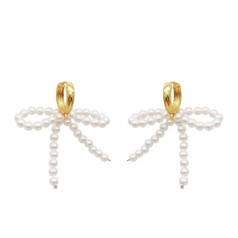 Korean White Imitation Pearl Bow Dangle Earrings for Women Elegant Handmade Woven Beaded Earrings Wedding Y2K Jewelry