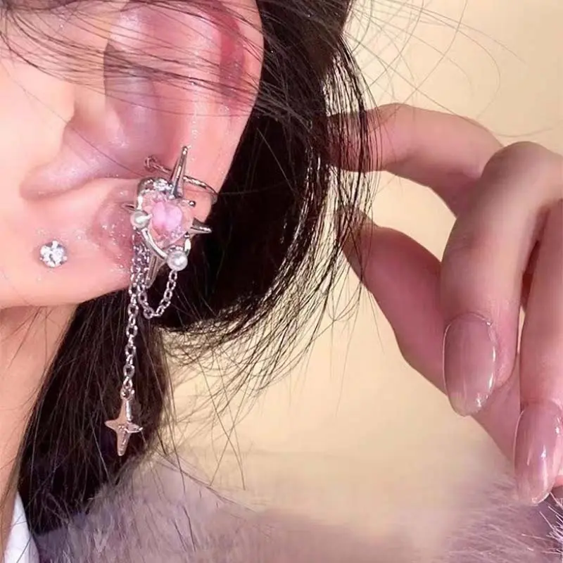 1Pcs Pink Crystal Heart Star Tassel Ear Clip Earrings for Women Vintage Non Piercing Ear Cuff Y2K Jewelry Party Jewelry Gift