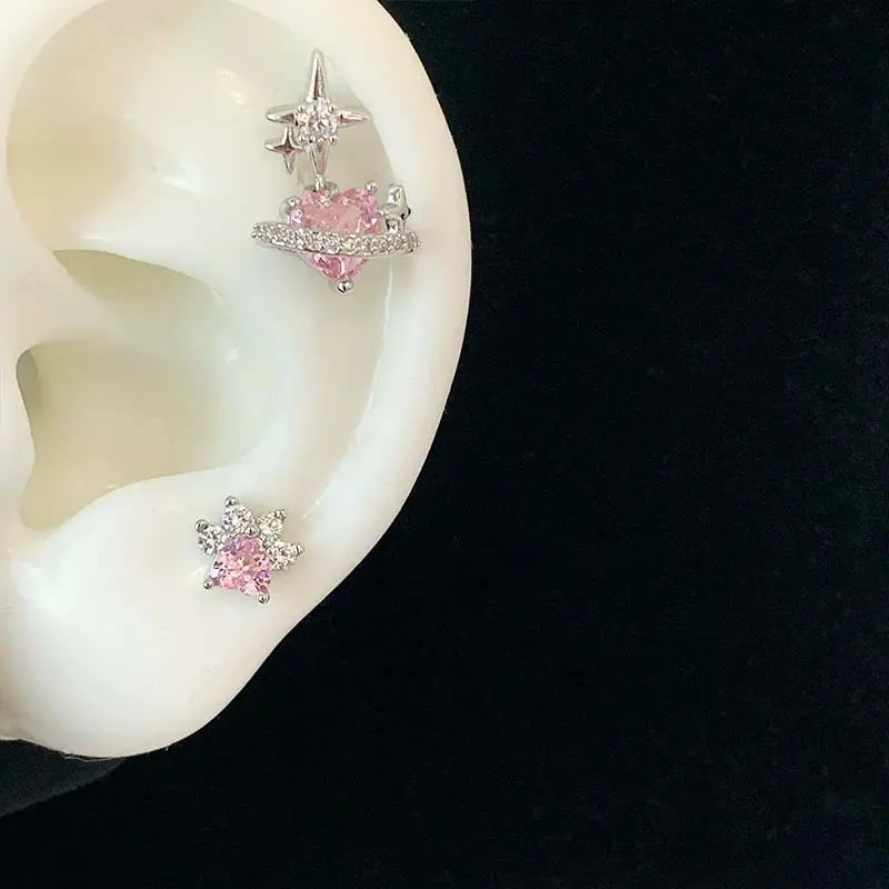 1Pcs Pink Zircon Heart Star Stud EarringsFor Women Stainless Steel Metal Four-Pointed Star Piercing Ear Bone Nail Y2K Jewelry