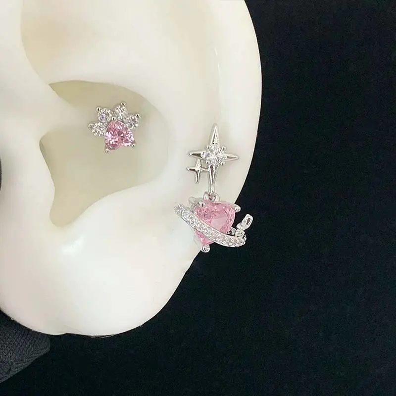 1Pcs Pink Zircon Heart Star Stud EarringsFor Women Stainless Steel Metal Four-Pointed Star Piercing Ear Bone Nail Y2K Jewelry