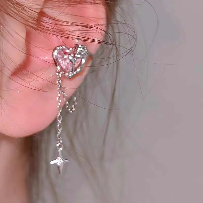 1Pcs Pink Crystal Heart Star Tassel Ear Clip Earrings for Women Vintage Non Piercing Ear Cuff Y2K Jewelry Party Jewelry Gift