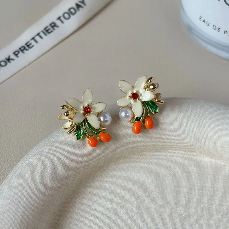 2025 New Trendy Enamel Kumquat Flower Stud Earrings for Women Sweet Imitation Pearl Flower Stud Earrings Fashion Date Jewelry