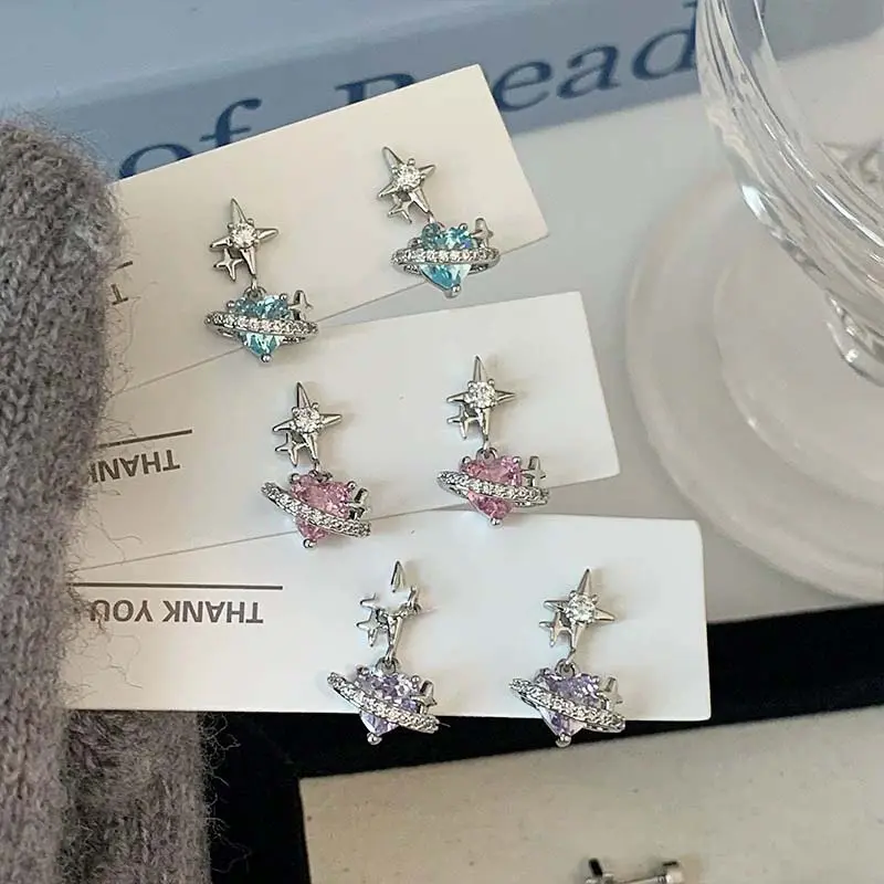 1Pcs Pink Zircon Heart Star Stud EarringsFor Women Stainless Steel Metal Four-Pointed Star Piercing Ear Bone Nail Y2K Jewelry