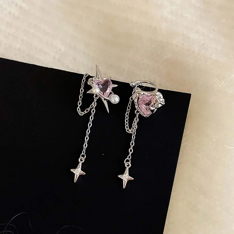 1Pcs Pink Crystal Heart Star Tassel Ear Clip Earrings for Women Vintage Non Piercing Ear Cuff Y2K Jewelry Party Jewelry Gift