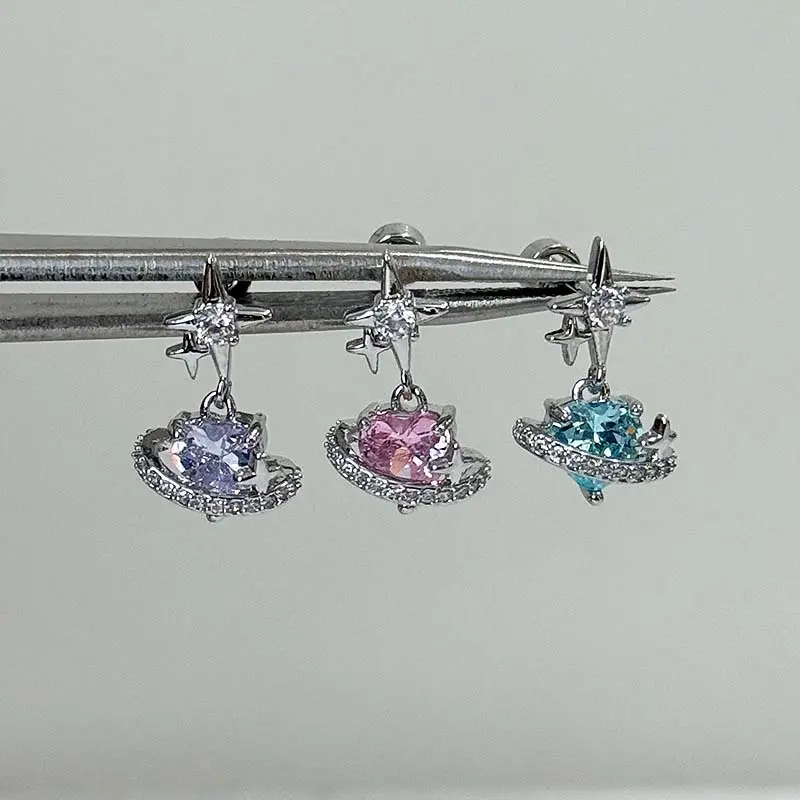 1Pcs Pink Zircon Heart Star Stud EarringsFor Women Stainless Steel Metal Four-Pointed Star Piercing Ear Bone Nail Y2K Jewelry
