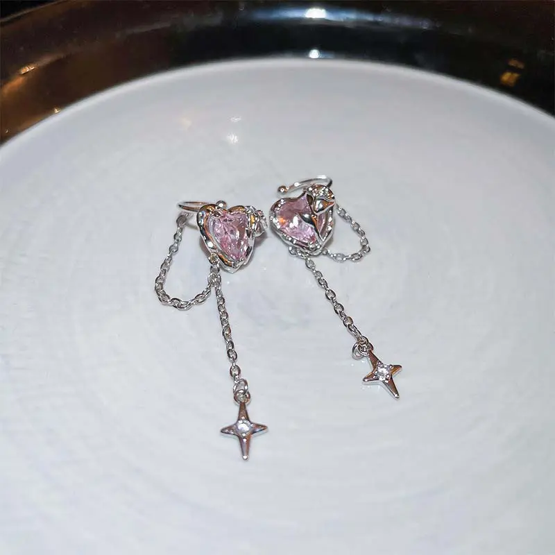 1Pcs Pink Crystal Heart Star Tassel Ear Clip Earrings for Women Vintage Non Piercing Ear Cuff Y2K Jewelry Party Jewelry Gift