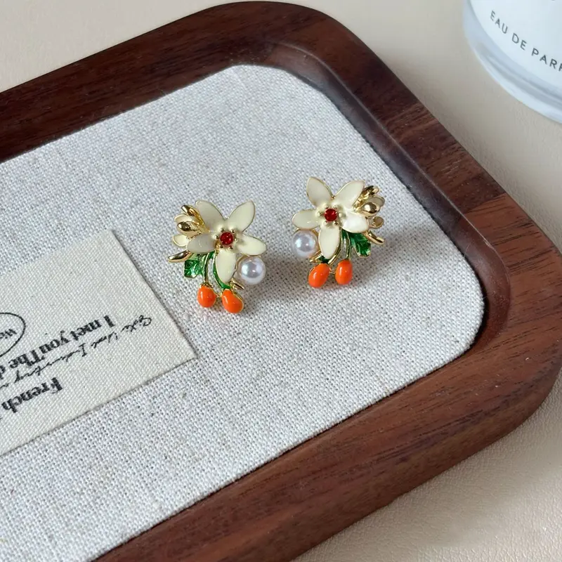 2025 New Trendy Enamel Kumquat Flower Stud Earrings for Women Sweet Imitation Pearl Flower Stud Earrings Fashion Date Jewelry