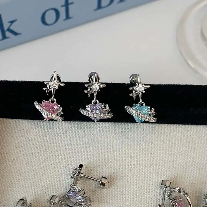 1Pcs Pink Zircon Heart Star Stud EarringsFor Women Stainless Steel Metal Four-Pointed Star Piercing Ear Bone Nail Y2K Jewelry