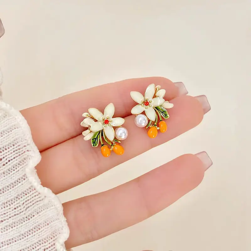 2025 New Trendy Enamel Kumquat Flower Stud Earrings for Women Sweet Imitation Pearl Flower Stud Earrings Fashion Date Jewelry